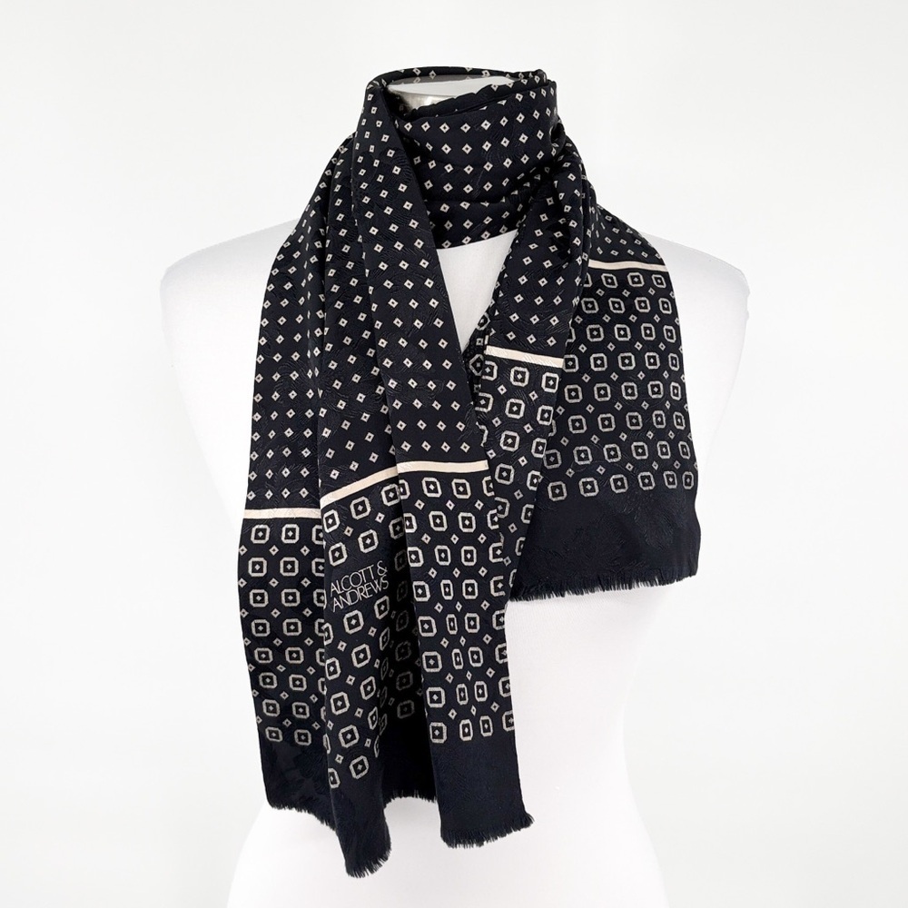 Alcott & Andrews Vintage Black Cream Silk Geometric Patterned Scarf 13 x 56